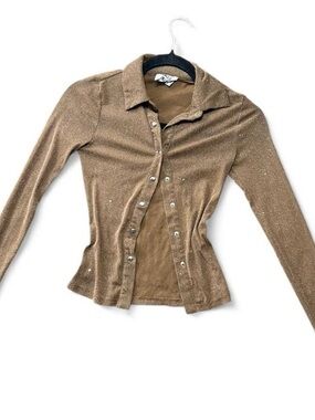 Princess Polly Brown Glitter Button Up Top ✨ Y2K Long Sleeve Shimmer Blouse